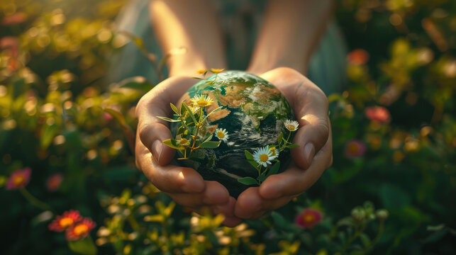 planet earth with green plants and flowers growing around in the grasp of both women's hands surrounded by nature ecology background