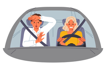 Frightened instructor from driving school near female driver driving car and risking accident and injury. Girl disregard traffic rules due to lack of qualifications to drive vehicle.