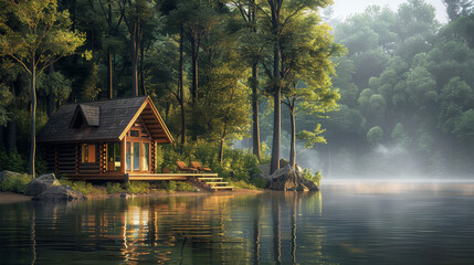 Obraz premium Serene lakeside cabin retreat surrounded by forest in misty morning light