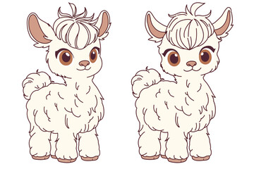 cute alpaca cartoon character  isolated on white background, color, vector illustration