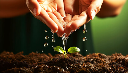 Extreme close-up of a female hands while she is pouring drops of water on a young seedling on the ground. Watering young plant and environmental conservation concept. Generative Ai.
