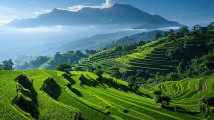 Fototapeta premium Lush terraced rice fields cascade down a verdant hillside surrounded by distant mountain peaks under a clear blue sky This picturesque