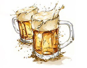 Two beer mugs clinking together with a splash of foam on a white background