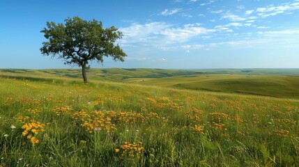 Expansive prairie landscape with lush green grasses a solitary tree and a wide open sky filled with fluffy white clouds  This tranquil