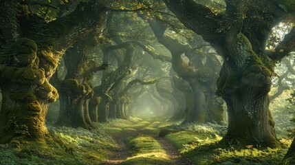 Enchanted Ancient Forest with Towering Moss Covered Trees Dappled Lighting and a Winding Dirt Path Leading Through the Lush Mysterious Woodland Scenery