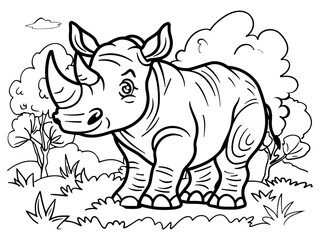 Fototapeta premium Coloring page rhinoceros in forest. Vector, black stroke lines. Generative ai.