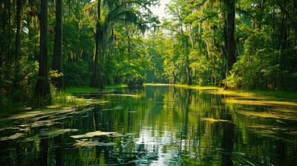 Serene and Lush Swamp Landscape with Reflection of Tall Cypress Trees and Hanging Spanish Moss in the Still Mirror like Waters