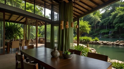 Fototapeta premium Natural green shade dining room of a house resort by rain water.generative.ai 