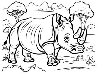 Fototapeta premium Coloring page rhinoceros in forest. Vector, black stroke lines. Generative ai.