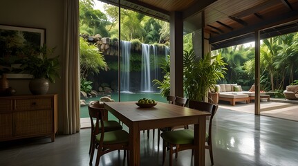 Natural green shade dining room of a house resort by rain water.generative.ai 