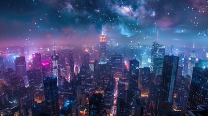 Fototapeta premium Mesmerizing panoramic view of a bustling metropolitan city at night featuring a dramatic skyline of illuminated high rise skyscrapers against a backdrop of a starry luminous sky