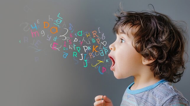 Young boy speaking with colorful letters coming out of his mouth. Creative representation of language learning and education. Bright and vibrant illustration. Concept art in modern style. AI.