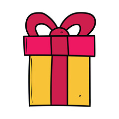 Hand drawn cartoon gift box on white background.