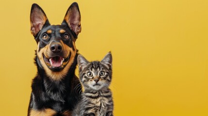 Adorable Dog and Cat Duo on Yellow Background, Generative AI