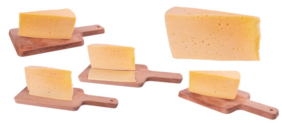 Cheese blocks on a wooden board isolated. a set of photos. 
