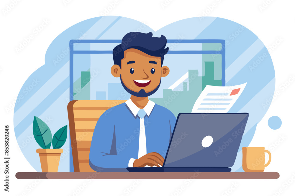 Poster a smiling young indian man is working in the office with a laptop and documents holding papers and t