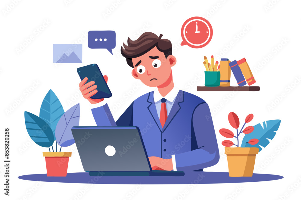 Poster frustrated man using phone and laptop in office solving problem technical issues and business stress