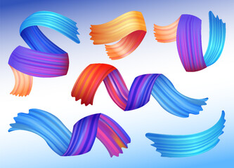 Brushstroke multicolor gradient texture set. Brush ribbons. Design elements of wavy curly brush paint stroke. Watercolor trace or abstract colorful smears vector cartoon illustration