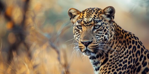 Obraz premium A beautiful leopard stares into the distance with an intense gaze. Its fur is a golden brown color, with black spots. The background is blurred, with a hint of tall grass.