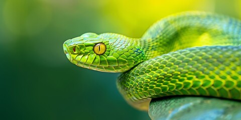 Fototapeta premium A green snake with yellow eyes is coiled and ready to strike.