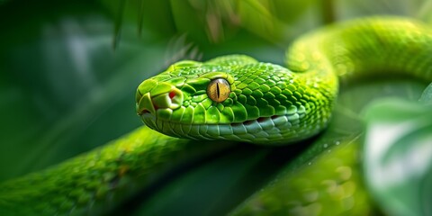 Fototapeta premium A green snake with yellow eyes is coiled up on a branch. The snake is looking at the camera. The background is blurred.