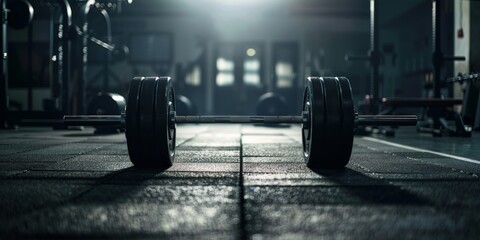 Barbell on the floor of a dark gym with a spotlight in the background.