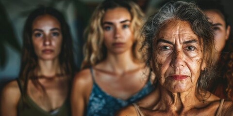 Four generations of women stare into the camera with various expressions.