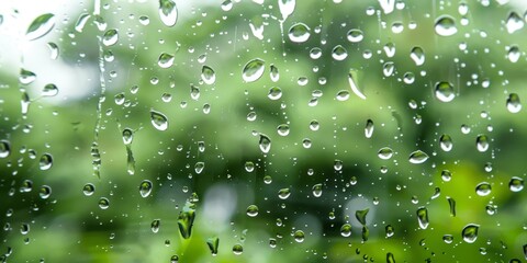 Raindrops on the window with blurred background of green foliage.