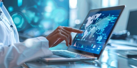 Scientist in lab coat using laptop computer with world map on screen.