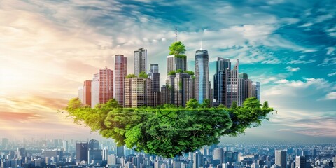 The photo is an illustration of a city in the sky. The city is surrounded by clouds and is covered in greenery.