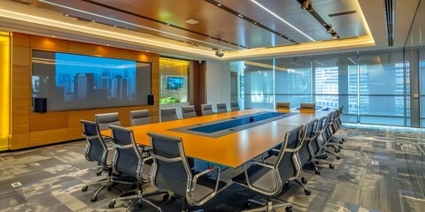 The photo shows a large conference room with a long table and many chairs. The room is decorated in a modern style with wood and glass. There is a large screen on the wall.