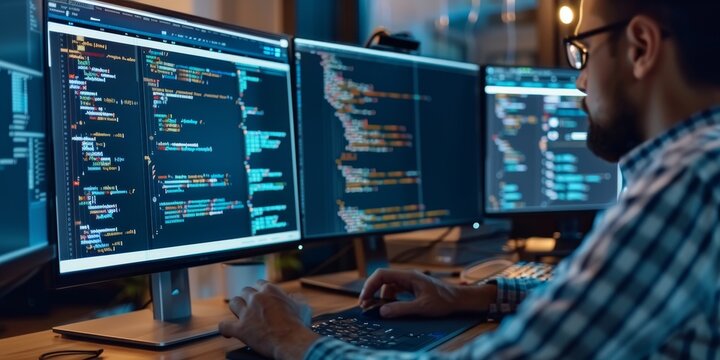 Young male programmer working on multiple computers coding software in dark office.