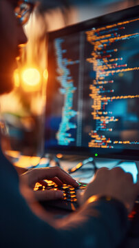 Programmer writing code close up, focus on software development realistic, double exposure office desk
