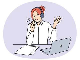Stressed call center agent in headset talk with client consult about problem solving. Anxious female employee speak with customer help with online trouble. Vector illustration.