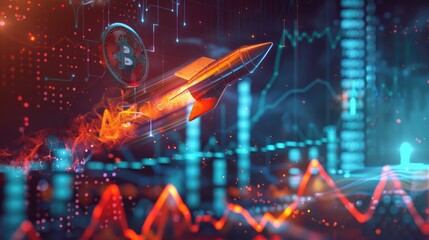 Fototapeta premium Rocket flying upwards with a Bitcoin chart and growing lines in the background, showcasing financial growth. AI generative illustration