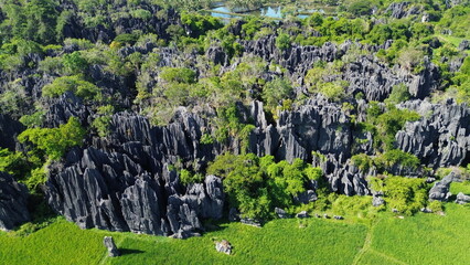 Aerial view of the Karst village located in Rammang-rammang, Maros Regency, South Sulawesi