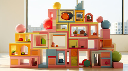 generated illustration of  Wooden toys cube castle building game