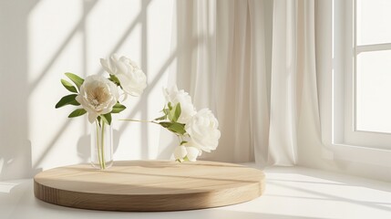 Wood round podium with white peonies in glass vase