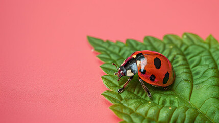 Ladybug on green leaf,  pink background
