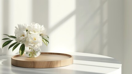 Wood round podium with white roses decor
