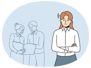 Unhappy female employee worry about colleagues talking in background. Upset angry woman worker bothered with coworkers engaged in teamwork. Vector illustration.