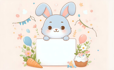 A cute cartoon rabbit holding a blank sign
