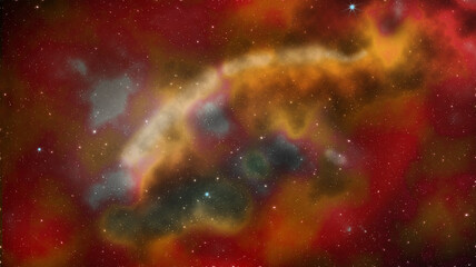 This image depicts a reddish, and glowing white nebula in deep space. Outer space beautiful scenery. This nebula painting was made using computer software. Nebula 3d illustration