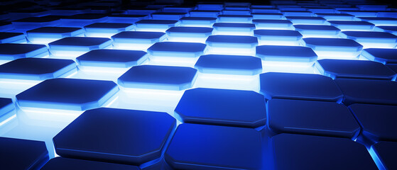 Obraz premium Glowing Blue Hexagonal Grid with Bright Illumination