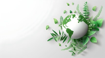 World Nature Conservation Day Background Template with Green Globe Leaves and White Copy Space