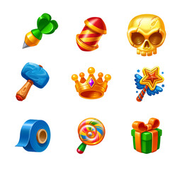 Set of game icons, boosters. Gaming UI. Assets for Mobile Game suitable for use in casual games, games Match 3 on transparent background PNG