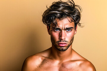 Sad bare-chested man on a beige background