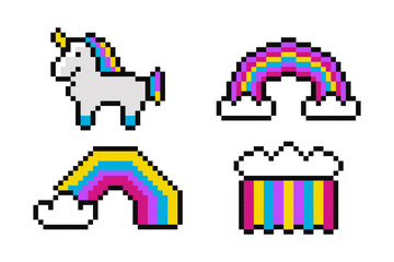 Pixel Art Unicorns wit rainbow and clouds set. Mythical ponies with colorful rainbow and clouds. Children characters for 8 bit vector game.