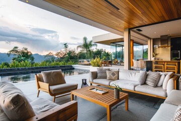 Fototapeta premium The modern luxury patio, with its comfortable and stylish furniture, offers an inviting space for relaxation and enjoying the outdoors
