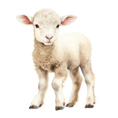 Digital watercolor illustration of an adorable young lamb, side view standing on white background.